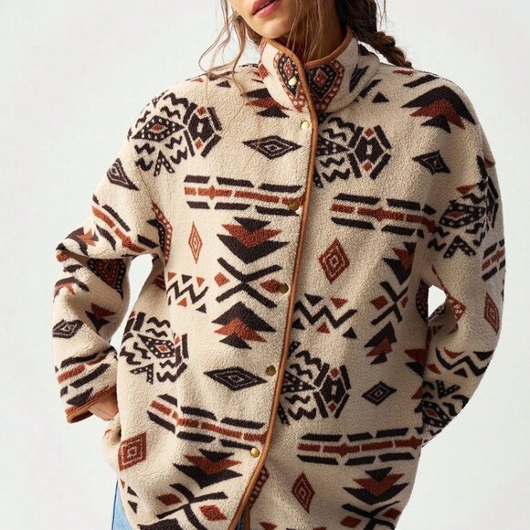 Multicolor Casual Women's Geometric Print Reversible Fleece Jacket - Picture 7 of 8